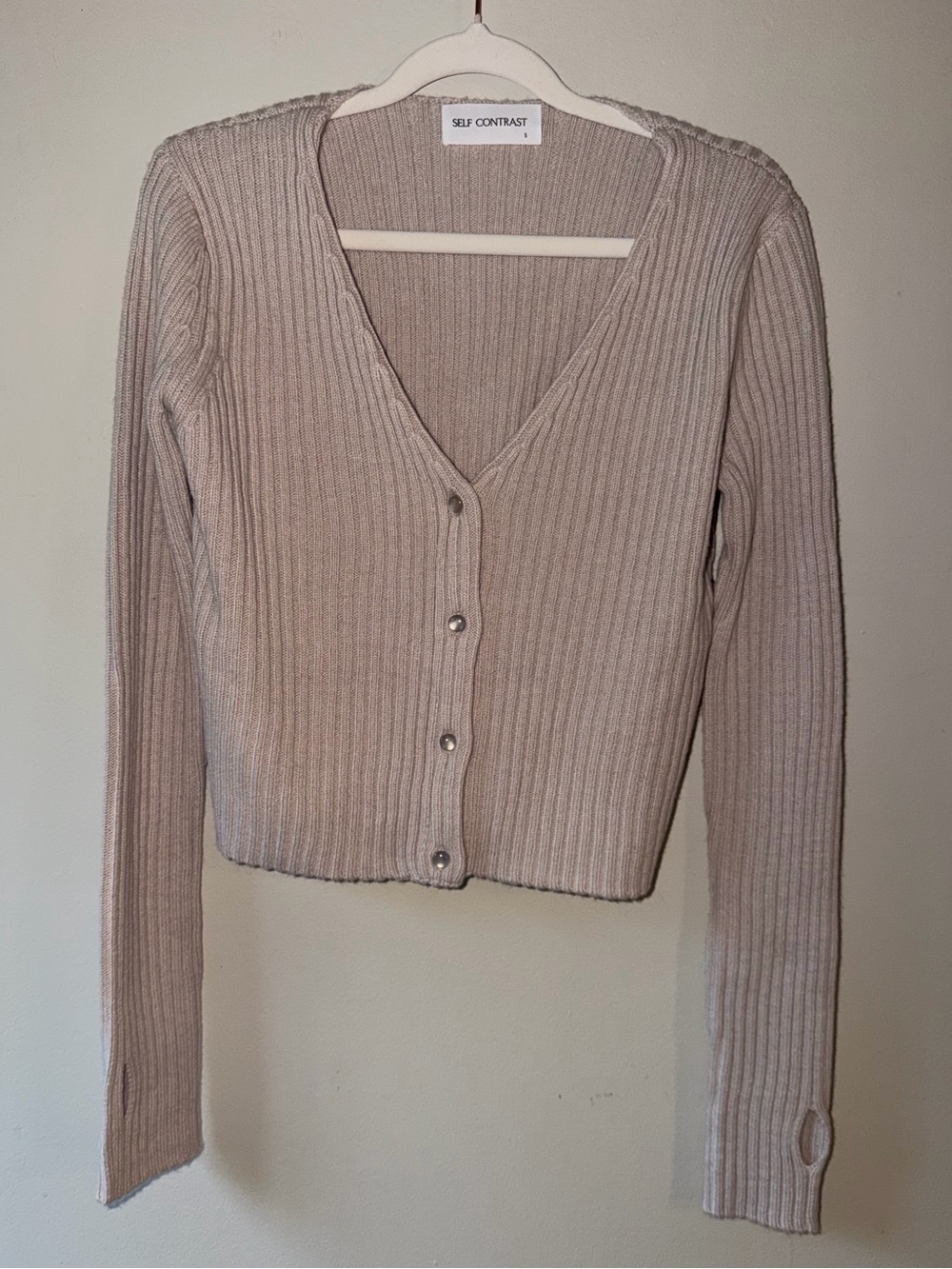 Self Contrast- Wool Blend Ribbed Cropped Cardigan Beige Size Small